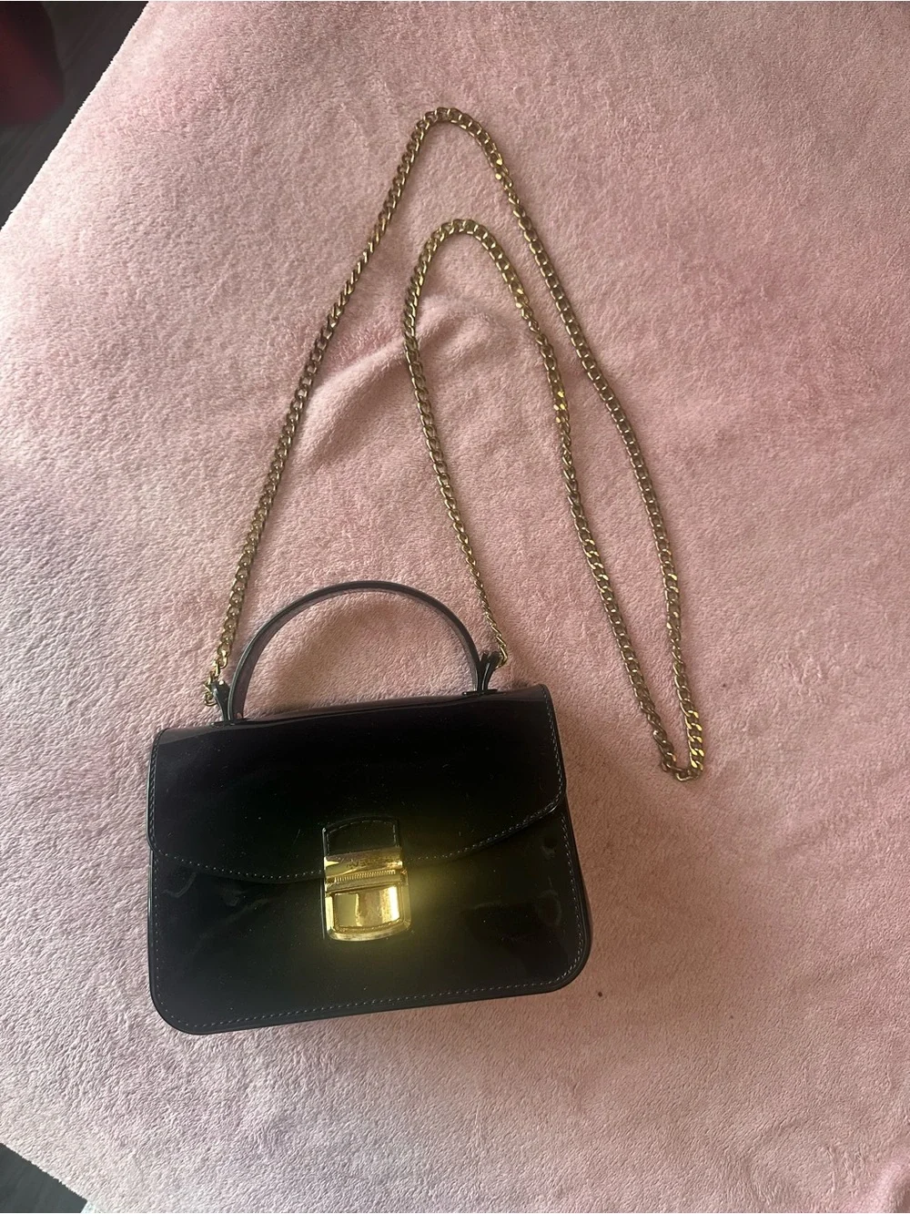 Black Patent Leather Top-Handle Shoulder Bag with Gold Hardware